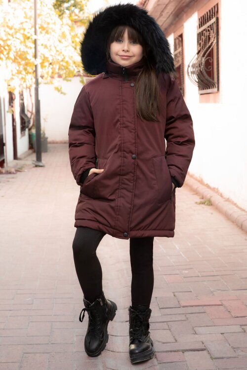 Bordo Kürklü İçi Astarlı Çıkarılabilir Kapüşonlu Kız Çocuk Mont 21550