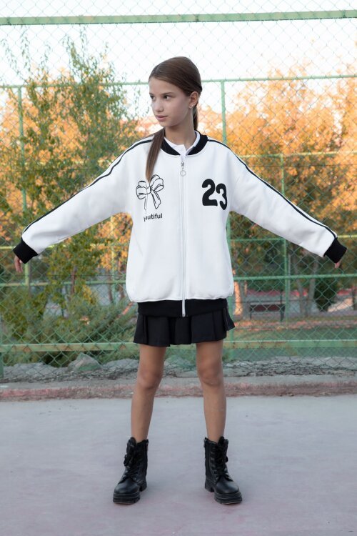 Ekru Beautifull Yazılı Kolu Şeritli Kız Çocuk Kolej Hırka 21192