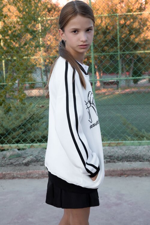 Ekru Beautifull Yazılı Kolu Şeritli Kız Çocuk Kolej Hırka 21192