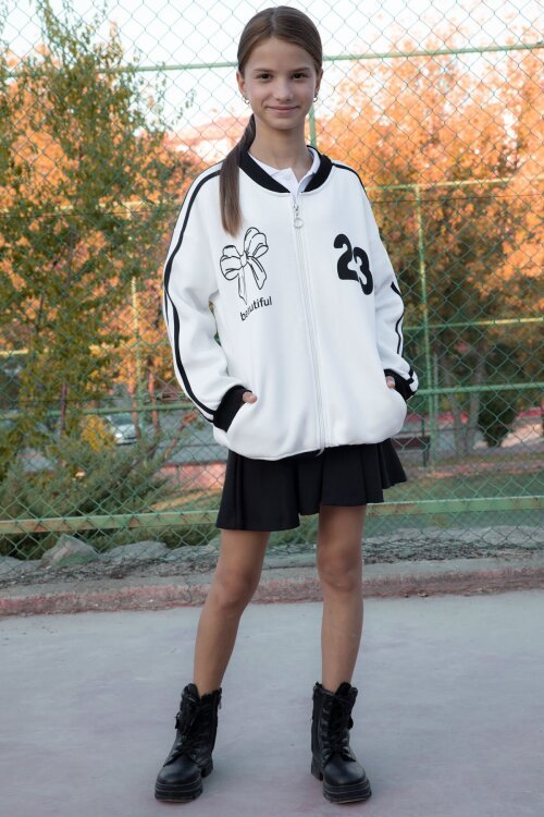 Ekru Beautifull Yazılı Kolu Şeritli Kız Çocuk Kolej Hırka 21192