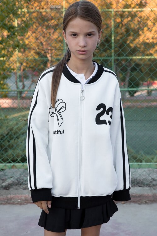 Ekru Beautifull Yazılı Kolu Şeritli Kız Çocuk Kolej Hırka 21192