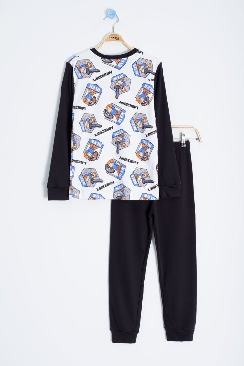 Ekru Çizgi Karakter Baskılı Erkek Çocuk Pijama Takımı 22765