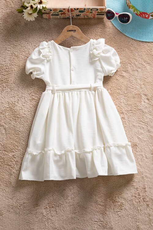 Ekru Fırfır Detaylı Kuşaklı Kız Çocuk Kısa Kol Elbise 22664