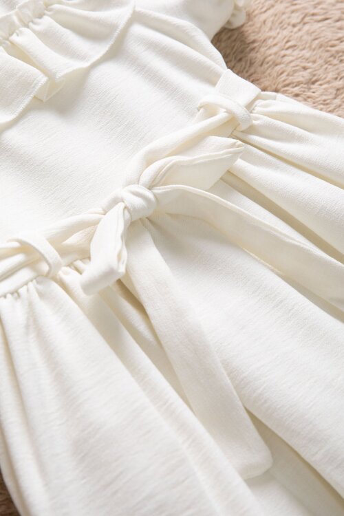 Ekru Fırfır Detaylı Kuşaklı Kız Çocuk Kısa Kol Elbise 22664