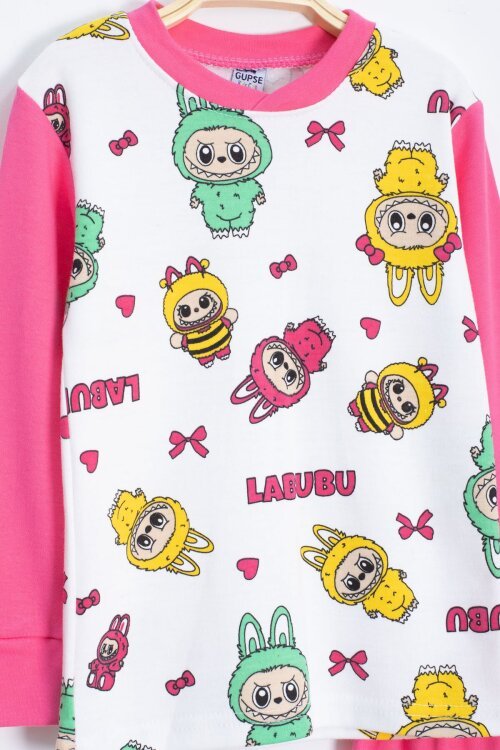 Ekru Karakter Desenli Yazılı Kız Çocuk Pijama Takımı 22768