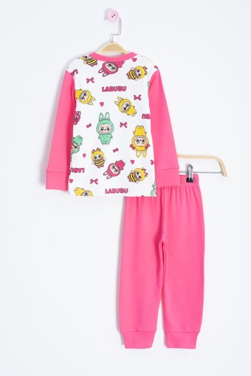 Ekru Karakter Desenli Yazılı Kız Çocuk Pijama Takımı 22768