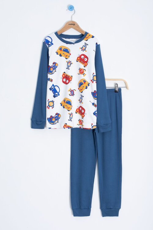 Ekru Sevimli Araba Baskılı Erkek Çocuk Pijama 22763