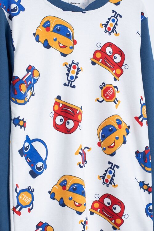Ekru Sevimli Araba Baskılı Erkek Çocuk Pijama 22763