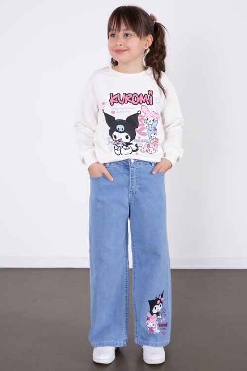 Ekru Simli Baskılı Badili Jean Pantolonlu Kız Çocuk 2li Takım 22758