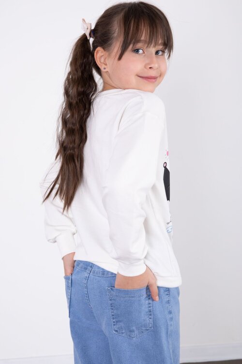 Ekru Simli Baskılı Badili Jean Pantolonlu Kız Çocuk 2li Takım 22758