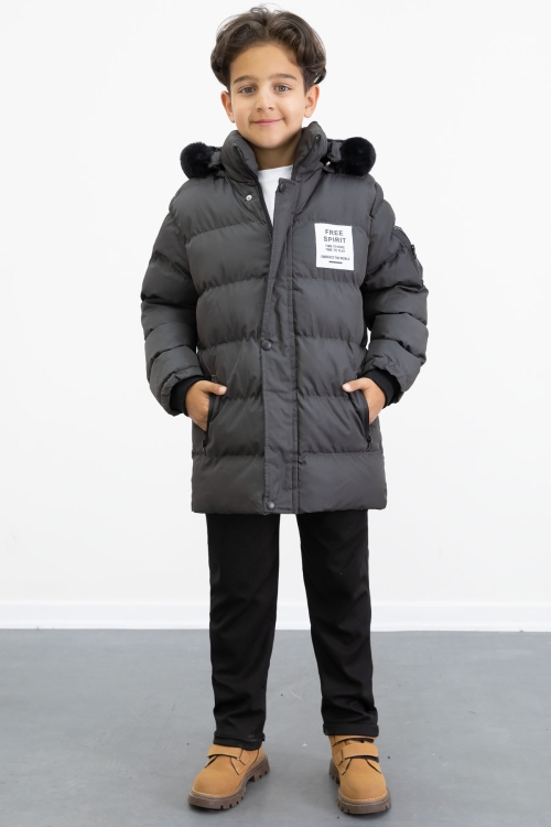 Erkek Çocuk Füme Yazılı Arma Detaylı İçi Kürklü Kapüşonlu Şişme Mont 21342