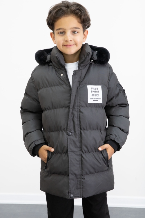 Erkek Çocuk Füme Yazılı Arma Detaylı İçi Kürklü Kapüşonlu Şişme Mont 21342