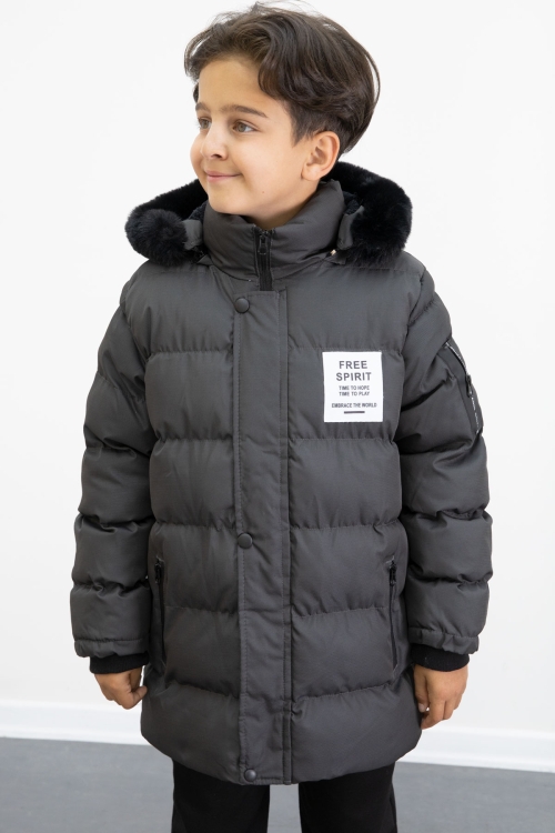 Erkek Çocuk Füme Yazılı Arma Detaylı İçi Kürklü Kapüşonlu Şişme Mont 21342