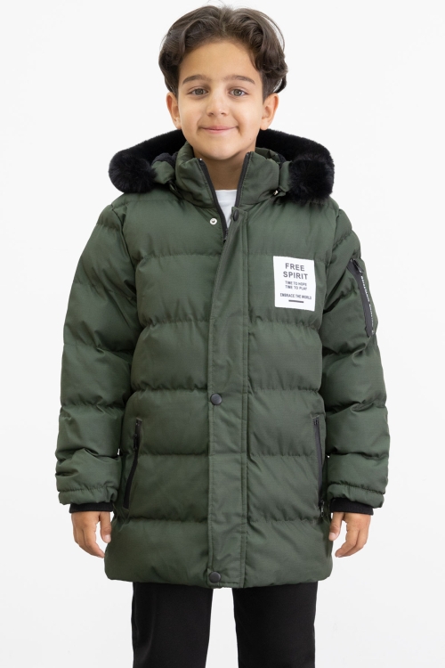 Erkek Çocuk Haki Yazılı Arma Detaylı İçi Kürklü Kapüşonlu Şişme Mont 21344