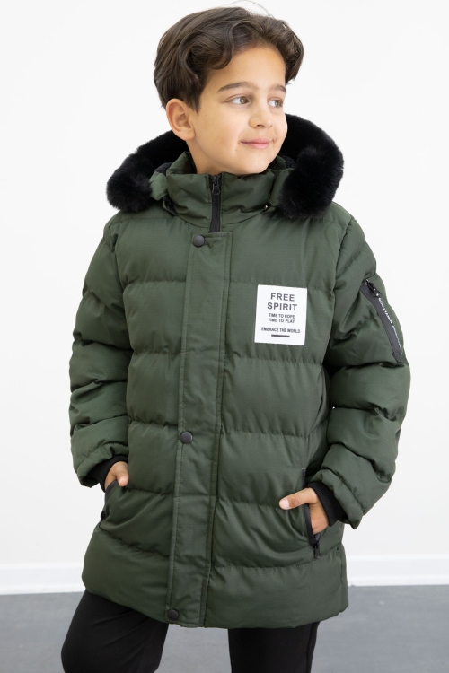 Erkek Çocuk Haki Yazılı Arma Detaylı İçi Kürklü Kapüşonlu Şişme Mont 21344