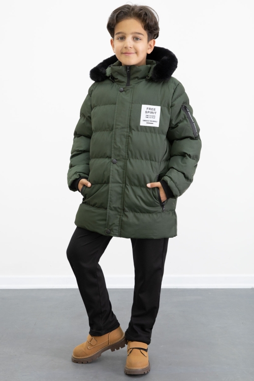 Erkek Çocuk Haki Yazılı Arma Detaylı İçi Kürklü Kapüşonlu Şişme Mont 21344