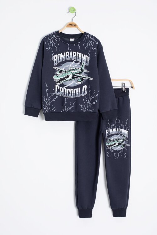 Füme Erkek Çocuk Yazılı Karakter Baskılı Şardonlu Eşofman Takımı 23290