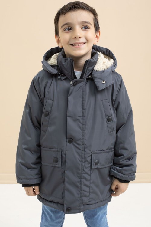 Füme İçi Kürklü Çıkarılabilir Kapüşonlu Basic Erkek Çocuk Şişme Mont 21442