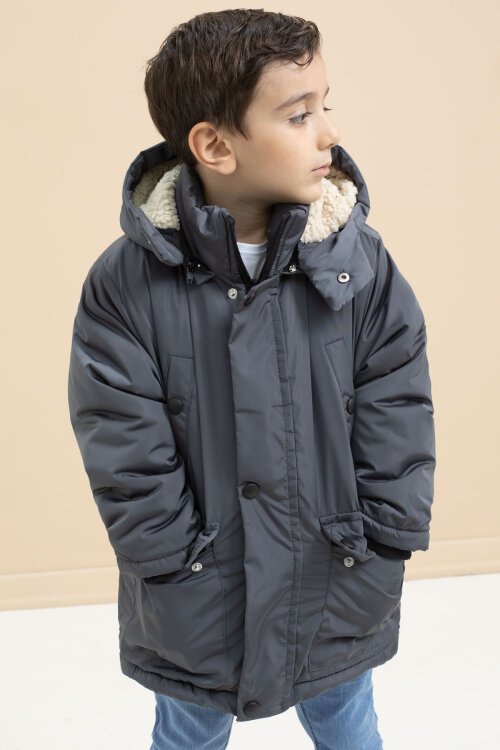 Füme İçi Kürklü Çıkarılabilir Kapüşonlu Basic Erkek Çocuk Şişme Mont 21442