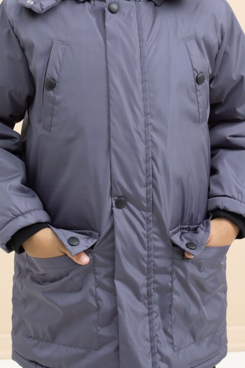 Füme İçi Kürklü Çıtçıtlı Cepli Uzun Kesim Erkek Çocuk Kapüşonlu Şişme Mont 21449