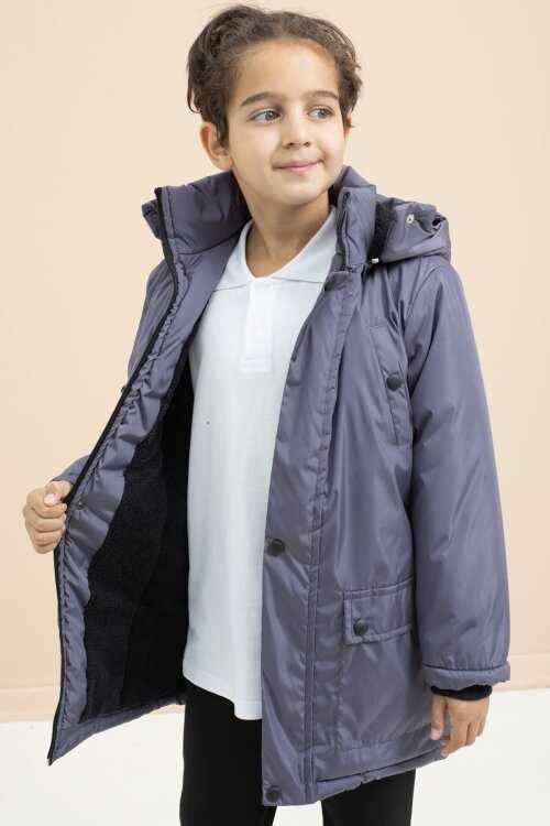 Füme İçi Kürklü Çıtçıtlı Cepli Uzun Kesim Erkek Çocuk Kapüşonlu Şişme Mont 21449