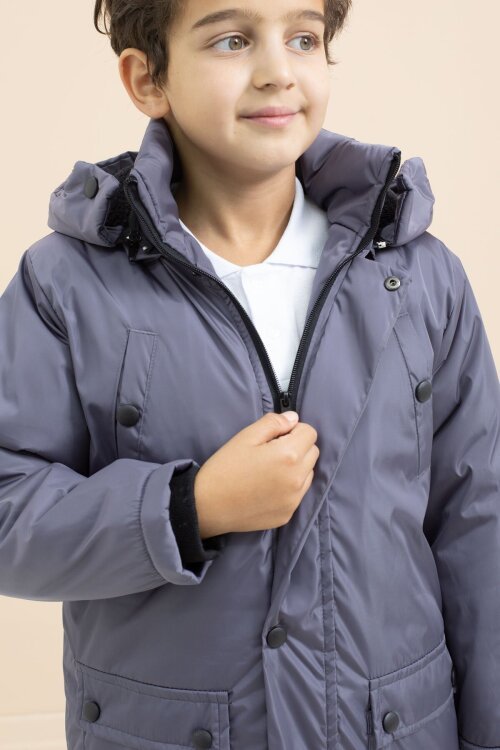 Füme İçi Kürklü Çıtçıtlı Cepli Uzun Kesim Erkek Çocuk Kapüşonlu Şişme Mont 21449