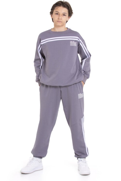 Füme Şerit Detaylı Bisiklet Yaka Erkek Çocuk Basic Eşofman Takımı 21264