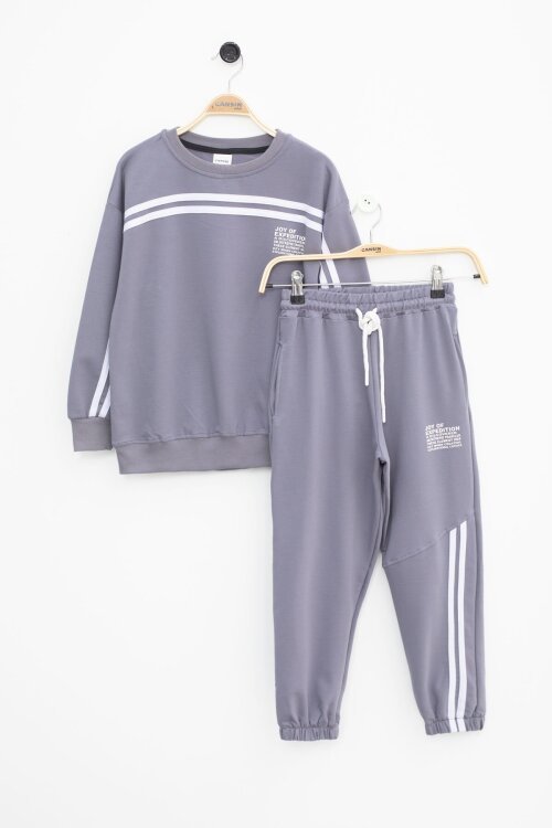 Füme Şerit Detaylı Bisiklet Yaka Erkek Çocuk Basic Eşofman Takımı 21264