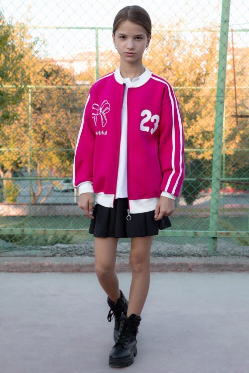 Fuşya Beautifull Yazılı Kolu Şeritli Kız Çocuk Kolej Hırka 21194