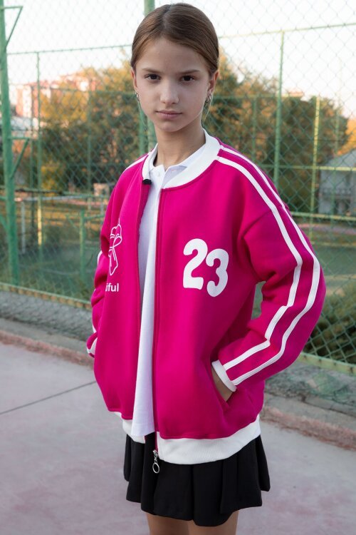 Fuşya Beautifull Yazılı Kolu Şeritli Kız Çocuk Kolej Hırka 21194