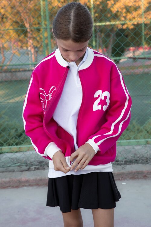 Fuşya Beautifull Yazılı Kolu Şeritli Kız Çocuk Kolej Hırka 21194