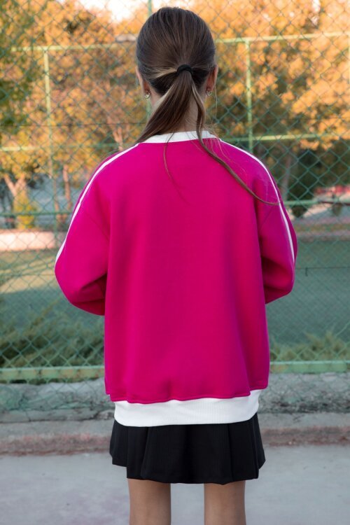 Fuşya Beautifull Yazılı Kolu Şeritli Kız Çocuk Kolej Hırka 21194