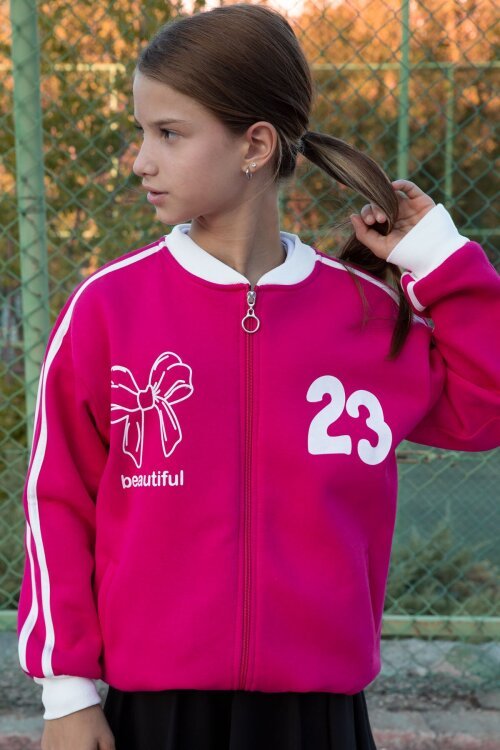 Fuşya Beautifull Yazılı Kolu Şeritli Kız Çocuk Kolej Hırka 21194