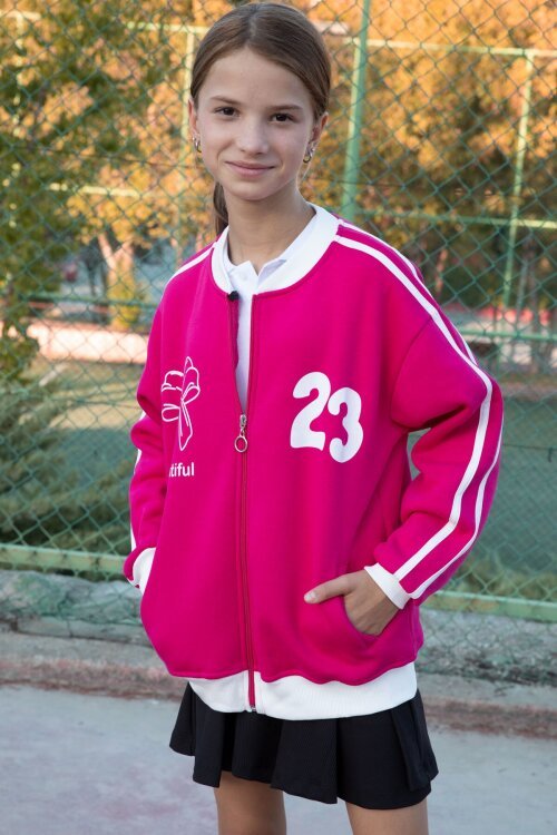 Fuşya Beautifull Yazılı Kolu Şeritli Kız Çocuk Kolej Hırka 21194