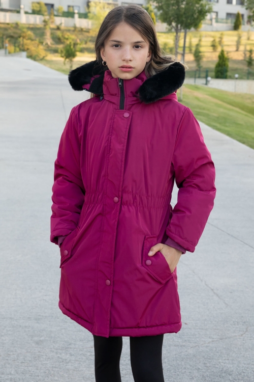 Fuşya Çıtçıtlı Cepli Esnek Bel İçi Kürklü Kız Çocuk Kapüşonlu Mont 21304