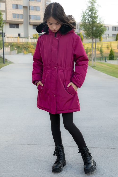 Fuşya Çıtçıtlı Cepli Esnek Bel İçi Kürklü Kız Çocuk Kapüşonlu Mont 21304