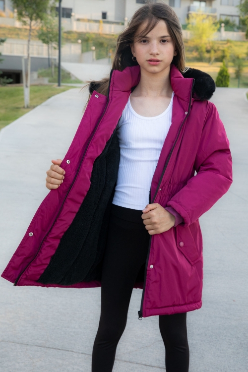 Fuşya Çıtçıtlı Cepli Esnek Bel İçi Kürklü Kız Çocuk Kapüşonlu Mont 21304