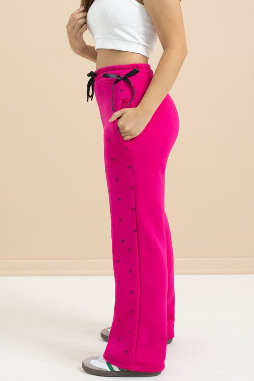 Fuşya Fiyonk Baskılı Geniş Paça Kız Çocuk Şardonlu Eşofman Altı 23429