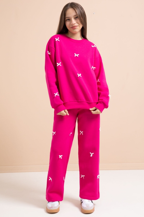 Fuşya Fiyonk Nakışlı Bisiklet Yaka Kız Çocuk Şardonlu Eşofman Takımı 21286