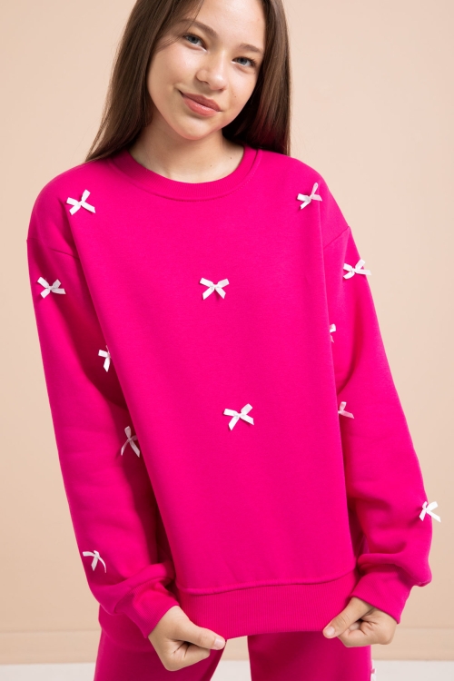 Fuşya Fiyonk Nakışlı Bisiklet Yaka Kız Çocuk Şardonlu Eşofman Takımı 21286