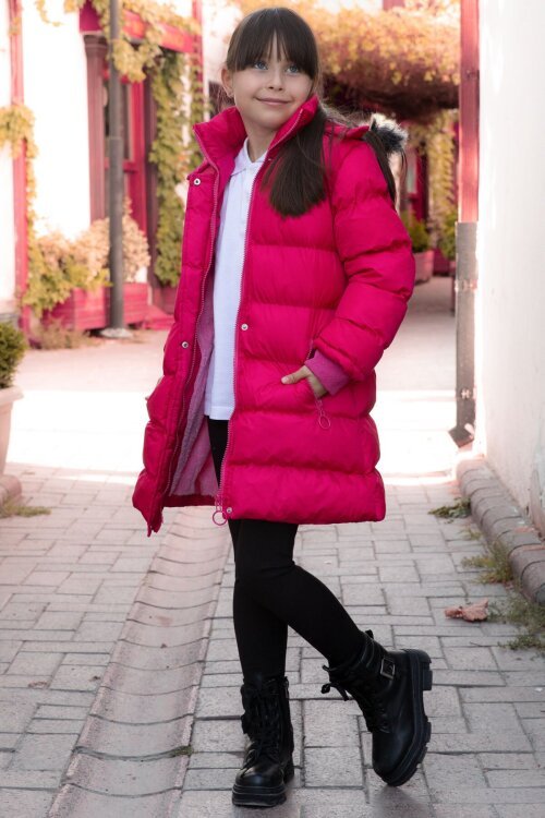 Fuşya İçi Kürklü Çıtçıtlı Kapüşonlu Kız Çocuk Şişme Mont 21323