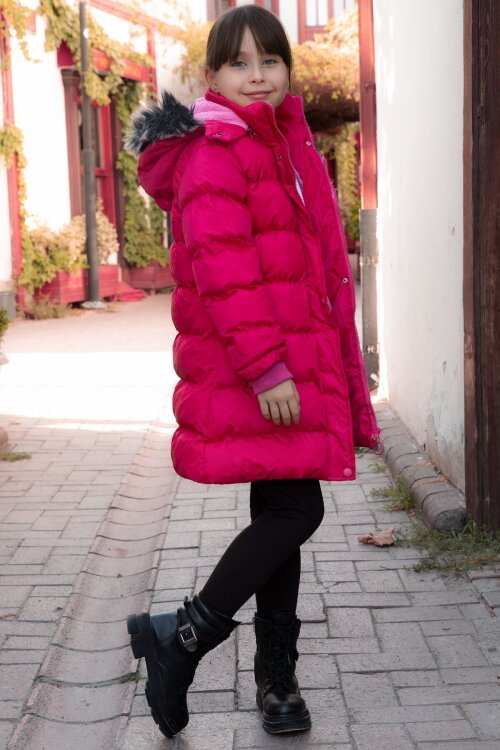 Fuşya İçi Kürklü Çıtçıtlı Kapüşonlu Kız Çocuk Şişme Mont 21323