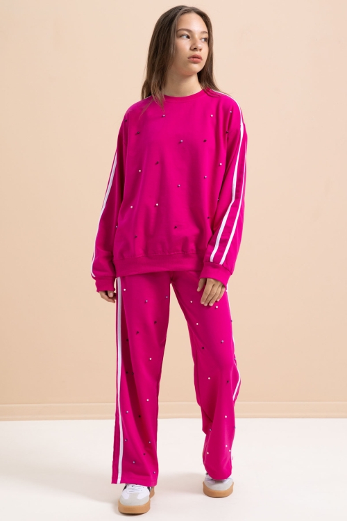 Fuşya İnci İşlemeli Bisiklet Yaka Kız Çocuk Şeritli Eşofman Takımı 21292