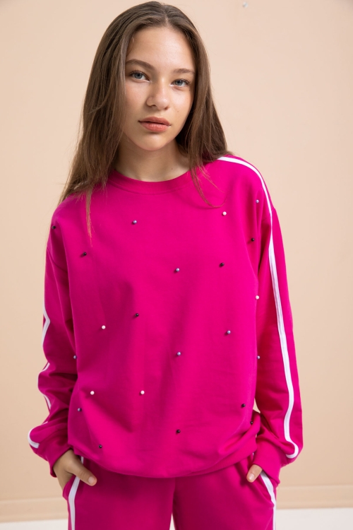 Fuşya İnci İşlemeli Bisiklet Yaka Kız Çocuk Şeritli Eşofman Takımı 21292