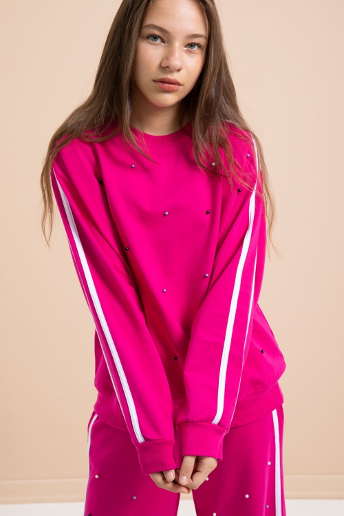 Fuşya İnci İşlemeli Bisiklet Yaka Kız Çocuk Şeritli Eşofman Takımı 21292