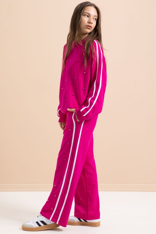 Fuşya İnci İşlemeli Bisiklet Yaka Kız Çocuk Şeritli Eşofman Takımı 21292