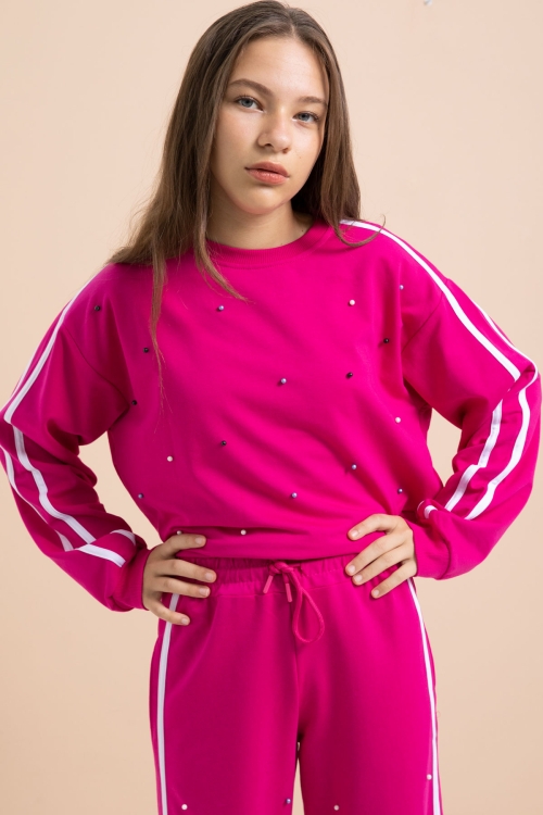 Fuşya İnci İşlemeli Bisiklet Yaka Kız Çocuk Şeritli Eşofman Takımı 21292