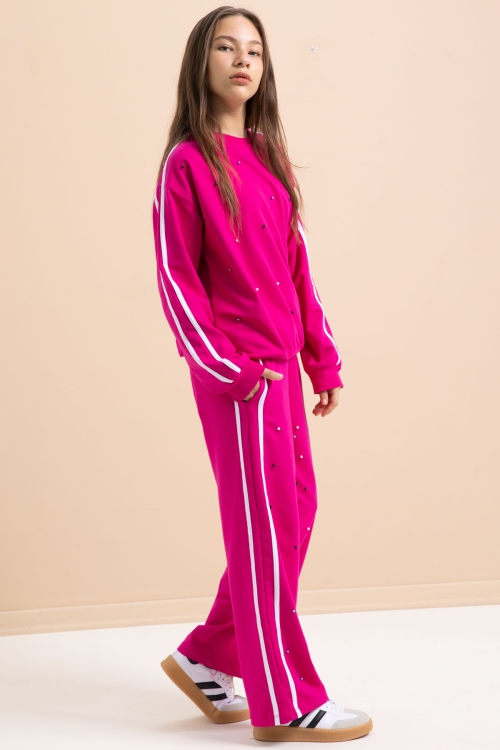 Fuşya İnci İşlemeli Bisiklet Yaka Kız Çocuk Şeritli Eşofman Takımı 21292