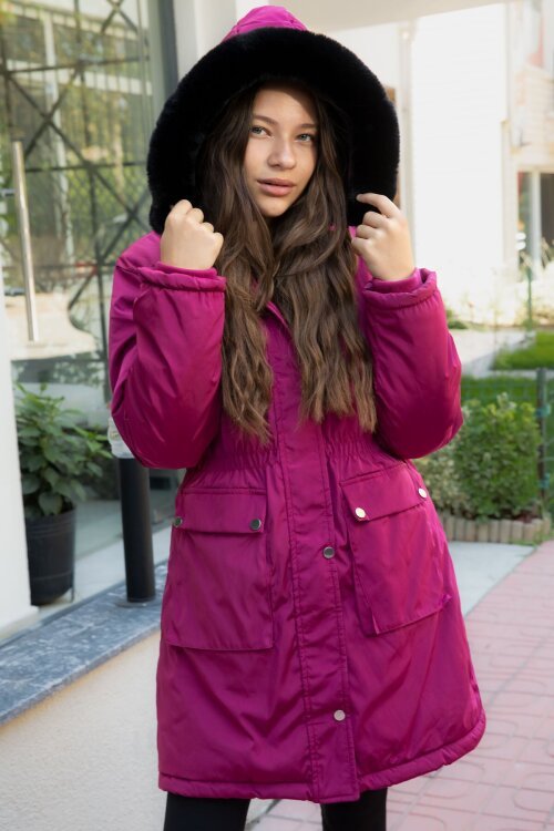 Fuşya Kapaklı Cepli İçi Kürklü Çıkarılabilir Kapüşonlu Kız Çocuk Şişme Mont 21482