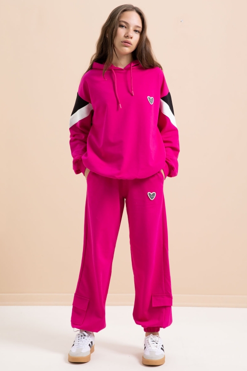 Fuşya Kargo Cepli Kız Çocuk Logolu İkili Takım 21299